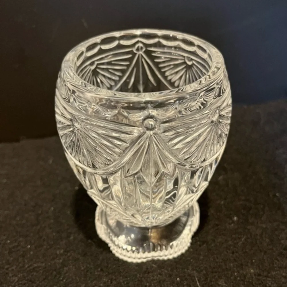 Vintage Crystal Clear Industries Fan Pattern Footed Votive Glass Candleholder